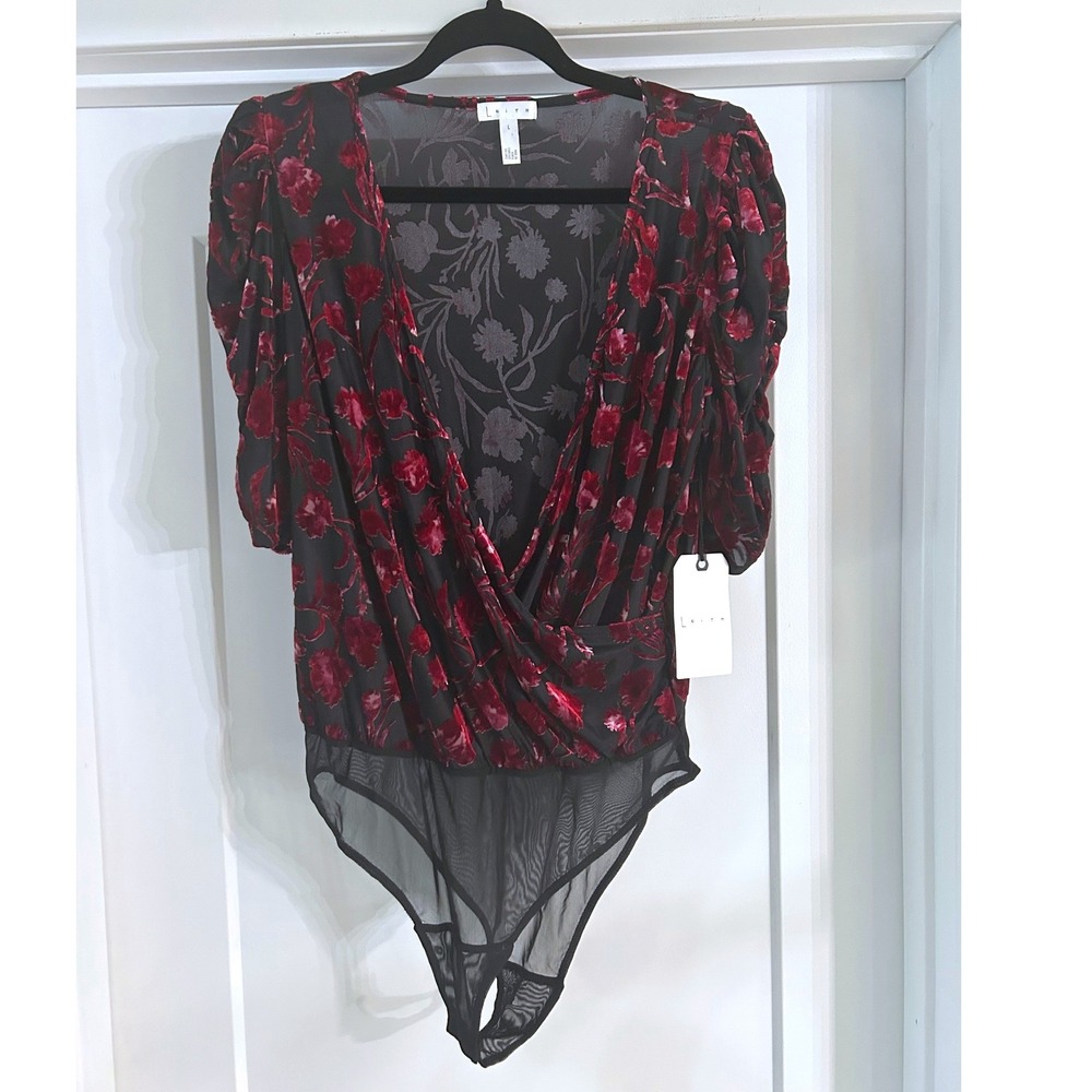NEW Leith Nordstrom Womens Red Velvet Burnout Floral Mesh Wrap Bodysuit Large